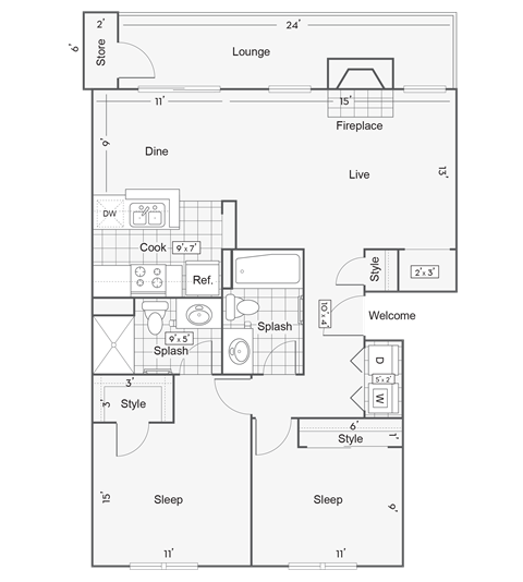 Floor plan for 2 beds, 2 baths, 987 sqft